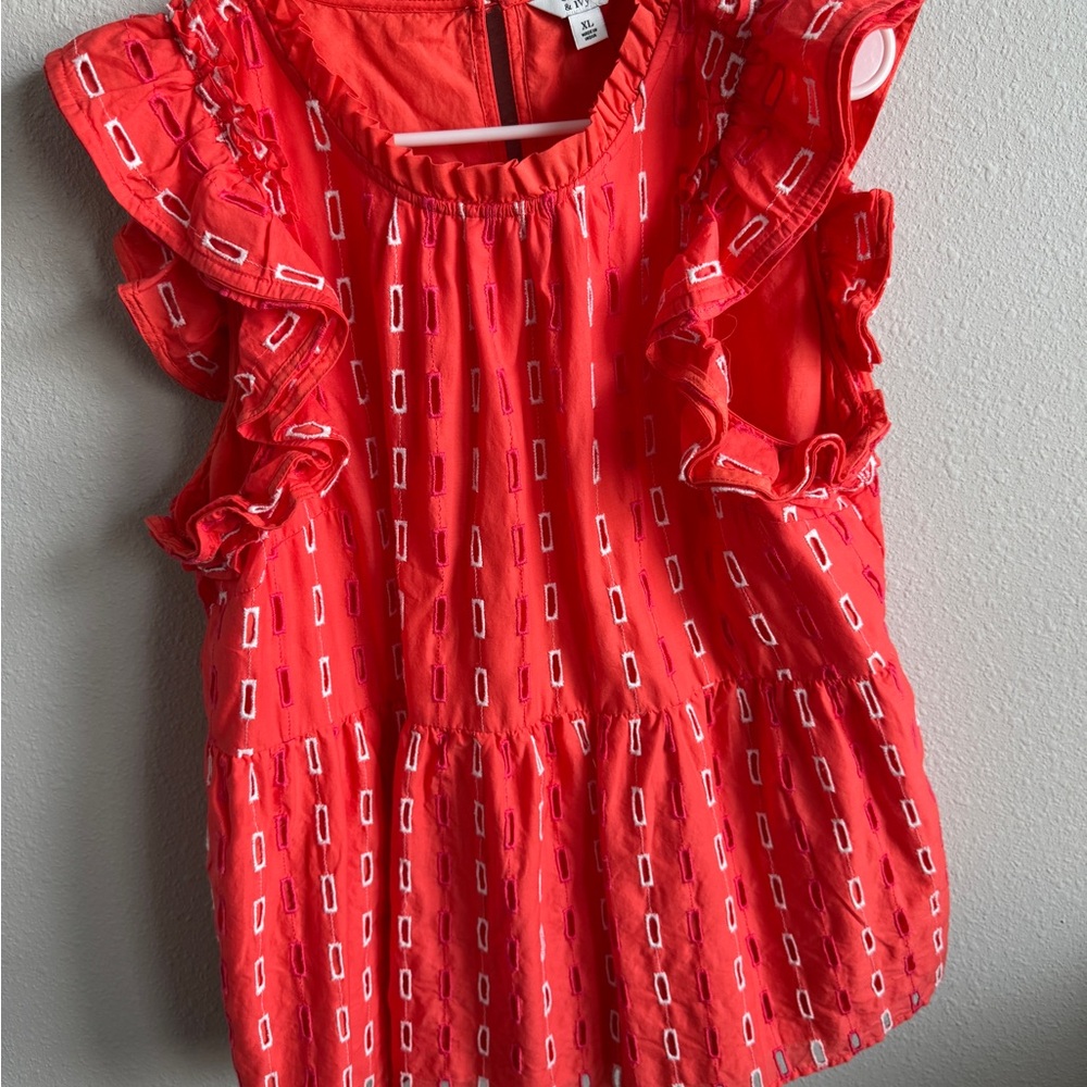 Crown & Ivy Red Geometric Ruffle Blouse - Picture 2 of 2